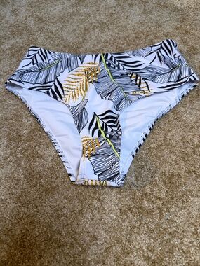 SHEIN White High-Waist Bikini Bottoms with Black Leaf Print and Yellow Accents